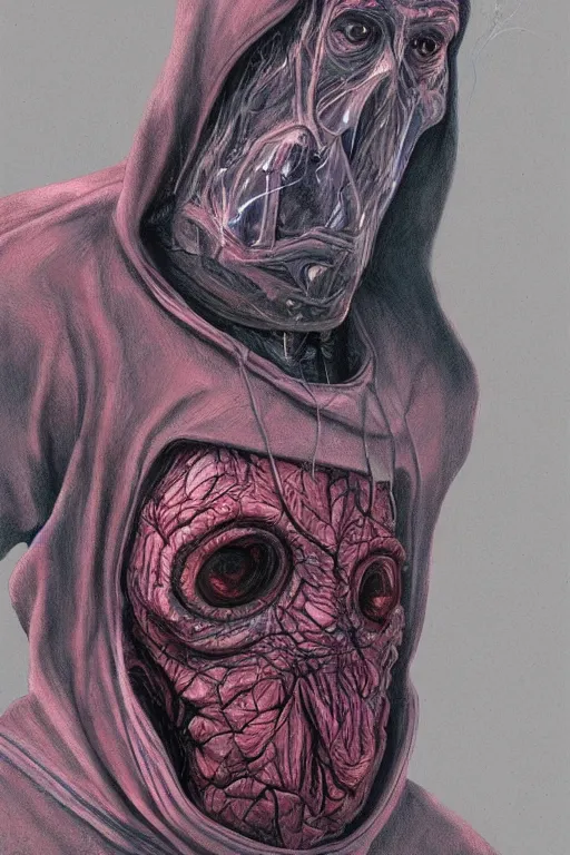 Image similar to A distorted creature in a hoodie from under which crawls out many faces of Nicolas Cage, red, disco elysium, highly detailed, digital painting, artstation, concept art, smooth, illustration, art by Wayne Barlowe and Zdislav Beksinski and Francis Bacon