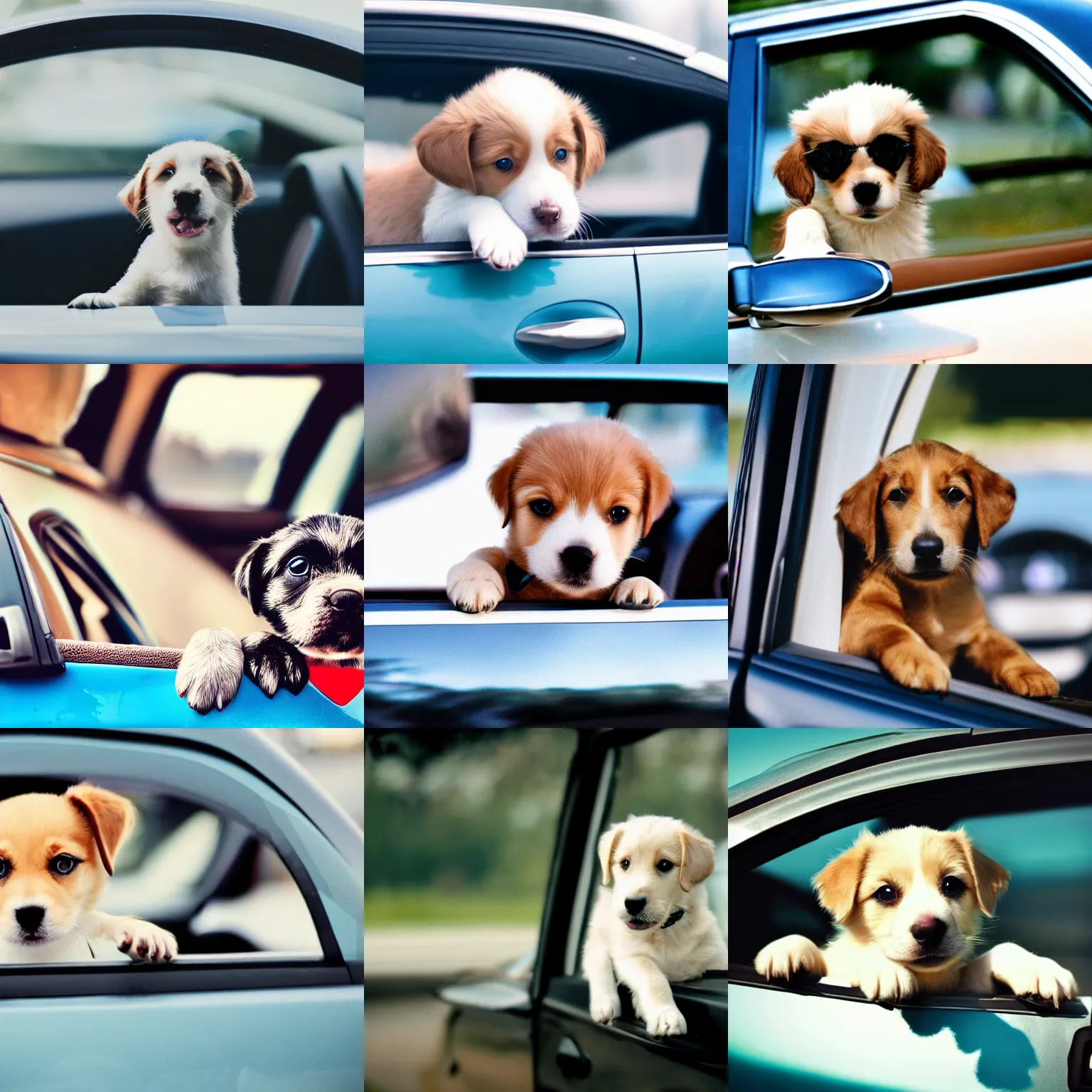 Image similar to cute puppy driving a car, film still, cinematic lens, realistic