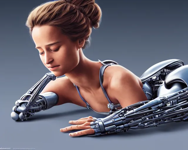 Image similar to weta disney pixar movie still head and torso portrait photo of young alicia vikander lying on her back on a mechanical table with a white ponytail as thoughtful intricate detailed mechanical plastic cyborg girl by pixar, by weta, wlop, ilya kuvshinov, rossdraws, artgerm, latex, iridescent, bright morning, anime, liosh, mucha