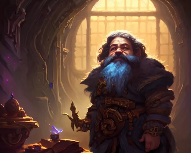 Image similar to a 4 k cinematic screenshot still portrait of a dwarf in a dark liminal space room surrounded by treasure, deep focus, d & d, fantasy, intricate, elegant, highly detailed, digital painting, art station, concept art, matte, sharp focus, illustration, dark fantasy style art, hearthstone, art by artgerm and greg rutkowski and alphonse mucha