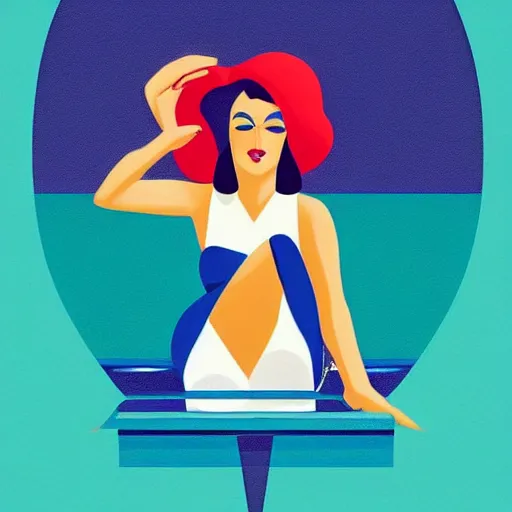 Prompt: a painting of a woman in a bathing suit sitting on a boat, an art deco painting by tom whalen, trending on behance, art deco, digital illustration, storybook illustration, art deco, flat shading, vector art, airbrush