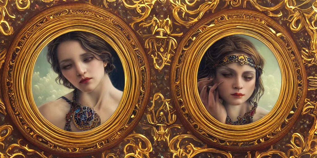 Image similar to highly detailed oil painting, centered in image, art nouveau, ornate, delicate, brilliant magical gemstones choker, around a neck, octane render, realistic, dramatic light,