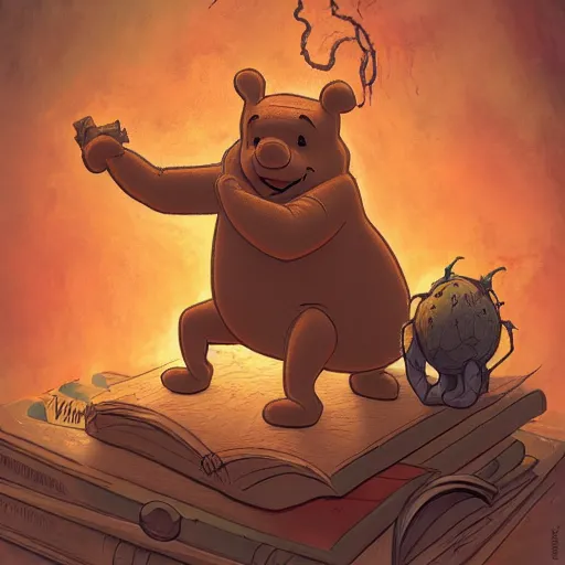 Prompt: Winnie the Pooh summoning demons with the necronomicon, cosmic horror, highly detailed, digital painting, artstation, concept art, sharp focus, illustration,