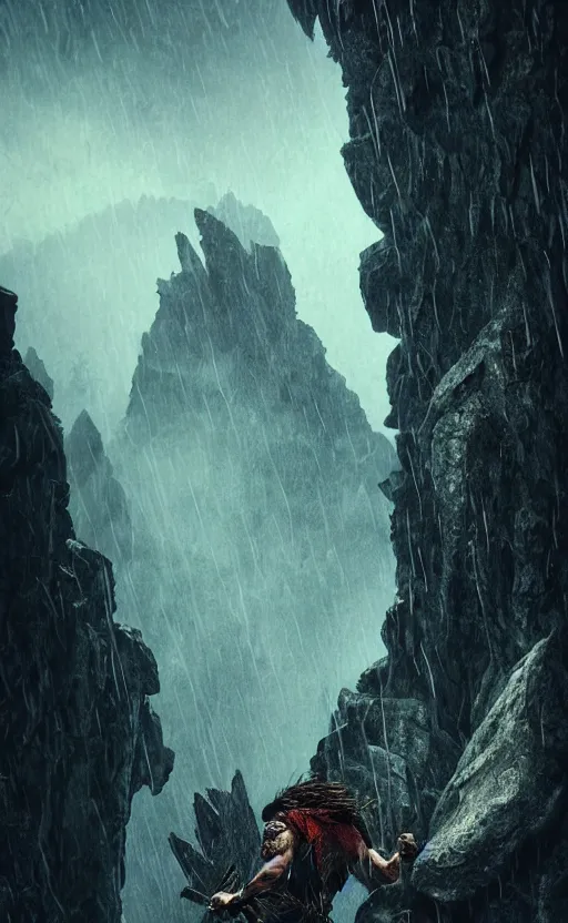 Prompt: vertical movie frame with Dungeons and Dragon's style RANGER climbing mountain, rain , wet rock, seen from below, inspired by monster hunter and dark fantasy and fashion, beautiful body, clean brutal blooded symmetrical face, brutal bloody, epic,dramatic lighting, cinematic, establishing shot, extremely high detail, photorealistic, brutal, provocative , cinematic lighting, artstation, octane render, dark fantasy ,old photo, vintage, black and white, Boris vallejo, sepia, old photography, documentary photography