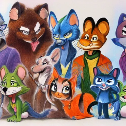 Image similar to colored Pencil drawing of cartoon furry characters, highly detailed