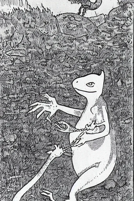 Image similar to an angry lizard, by maurice sendak