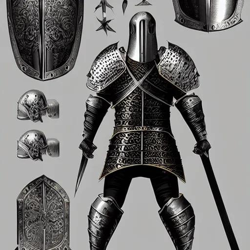 Image similar to character sheet of a medieval knight wearing black armor with golden engravings, concept art, multiple angles, highly detailed, upscaled, 4k resolution, outstanding