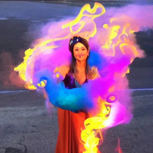 Prompt: colored smoke in the shape of genie girl