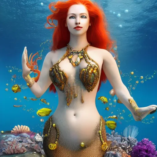 Image similar to a beautiful redhead mermaid in the middle of the ocean, sunshine underwater, pearls, efflorescence, futuristic cybernetic engine, intricate details in the frames, symmetrical, magic, 4k high quality render.