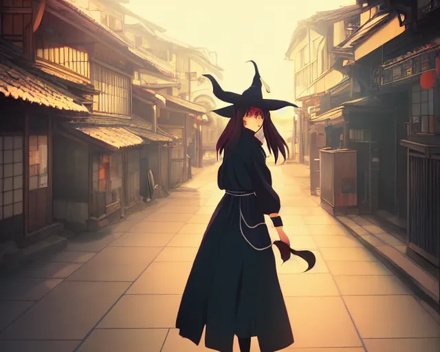 Image similar to key anime visual portrait of a young female witch walking through a busy village, ilya kuvshinov, dynamic pose, dynamic perspective, cinematic, dramatic lighting, muted colors, detailed silhouette, textured, anime proportions, kyoto animation, haibane renmei