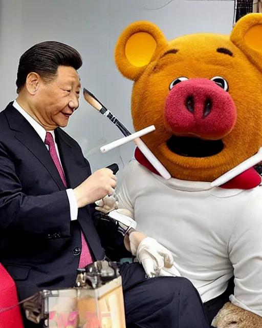 Prompt: president xi jinping in a makeup test as winnie the poo, makeup and prosthetics designed by rick baker, highly detailed, photorealistic