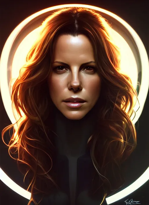 Image similar to symmetry!! portrait of kate beckinsale, sci - fi, tech wear, glowing lights!! intricate, elegant, highly detailed, digital painting, artstation, concept art, smooth, sharp focus, illustration, art by artgerm and greg rutkowski and alphonse mucha