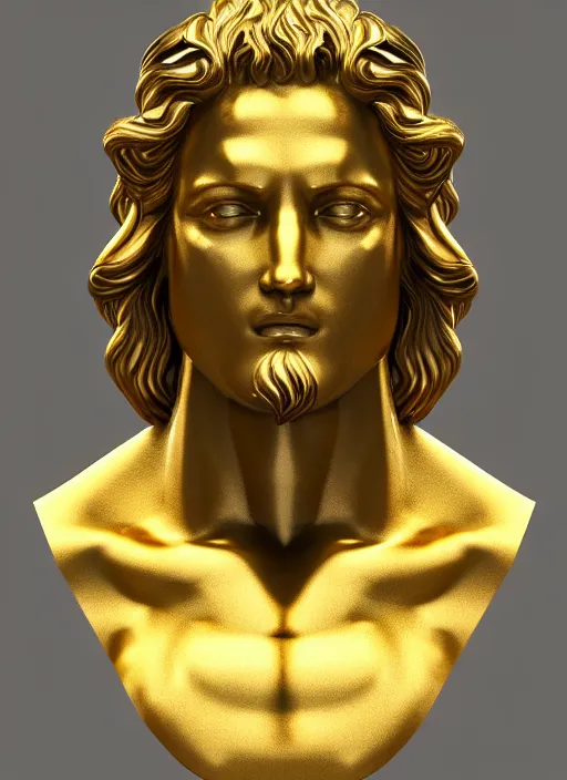 Image similar to stylized gold and black ornate statue bust made of marble of hercules, perfect symmetrical body, perfect symmetrical face, hyper realistic, hyper detailed, by johannen voss, by michelangelo, octane render, blender, 8 k