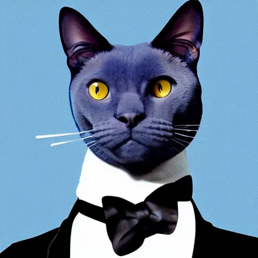 Prompt: Blue Burmese cat in a tuxedo smoking a cigar, high class cat, highly detailed digital illustration, 4k, HD, photorealistic