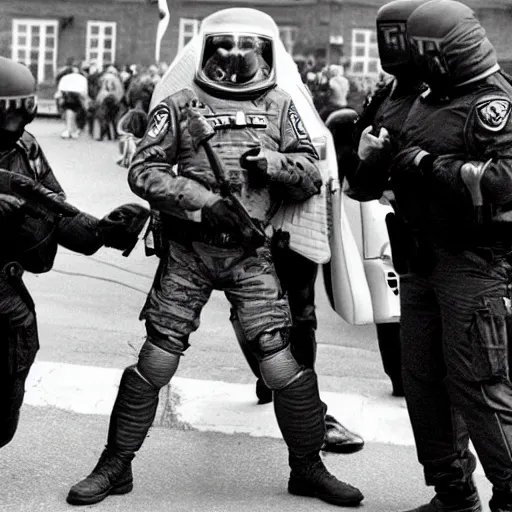 Image similar to extraterrestrial zeta reticulan grey alien, being arrested by spetsnaz