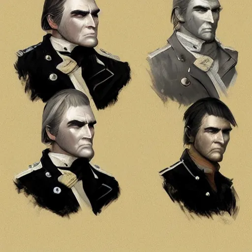 Image similar to a clean shaven confederate general with puffy black sideburns short black hair a side part and a square face, an english man, dnd character art, painting by artgerm and ed binkley, HDR color