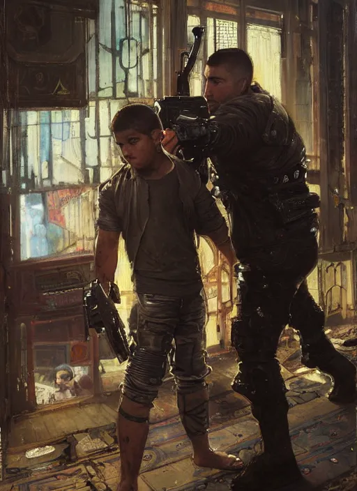 Image similar to big mike in a fight with little alex. cyberpunk meathead wearing a military vest and combat gear fighting small hacker. (Cyberpunk 2077, bladerunner 2049). Iranian orientalist portrait by john william waterhouse and Edwin Longsden Long and Theodore Ralli and Nasreddine Dinet, oil on canvas. Cinematic, hyper realism, realistic proportions, dramatic lighting, high detail 4k