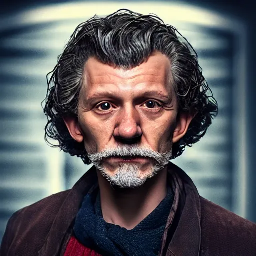 Image similar to tom holland as a rough dirty old man with a scruffy beard in a dark blue trenchcoat as the new doctor who, cinematic, volumetric lighting, f 8 aperture, cinematic eastman 5 3 8 4 film, photorealistic