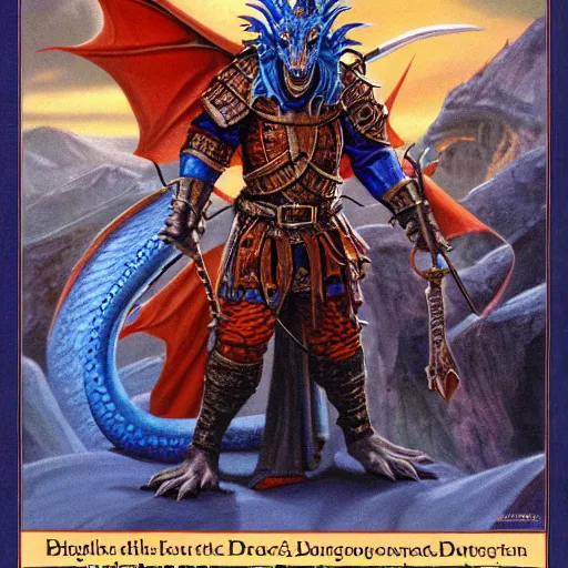 Image similar to half length portrait of a medieval d & d fantasy anthropomorphic blue dragon, d & d rulebook cover art by jeff easley