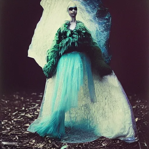 Image similar to kodak portra 4 0 0, wetplate, photo of a surreal artsy dream scene,, girl, weird fashion, grotesque, extravagant dress, carneval, animal, wtf, photographed by paolo roversi style