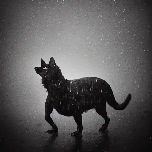 Prompt: photograph of chupacabra in a rain storm , 85mm ND 5, perfect lighting, gelatin silver process, Kodak D-76