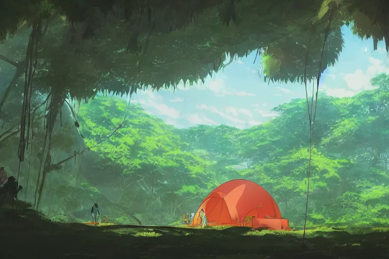Prompt: A tent built in the amazonian jungle, hanging veins, peaceful wide landscape, solarpunk, wide perspective, no humans, soft lighting, anime film still, by Makoto Shinkai and studio ghibli, cell shading, high details