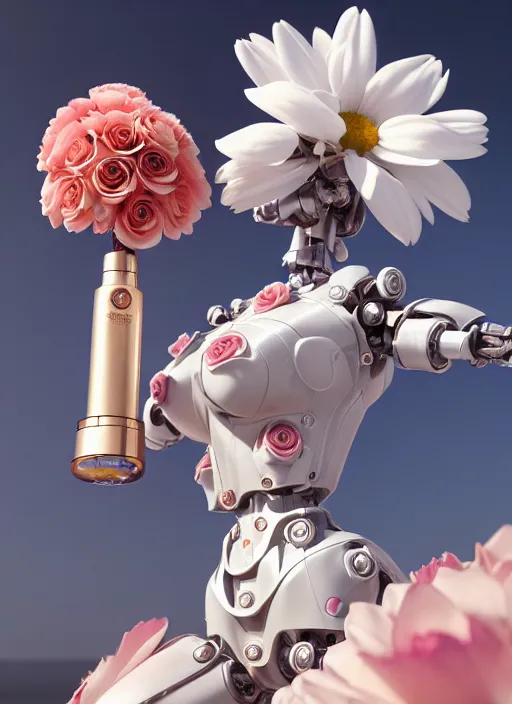 Image similar to mecha holding perfume bottle blooming from corals, daisies, roses contoured smooth fair walls carrying perfume bottle, up close shot, sharp focus, global illumination, radiant light, alexandre ferra white mecha, irakli nadar, octane highly render, 4 k, ultra hd,