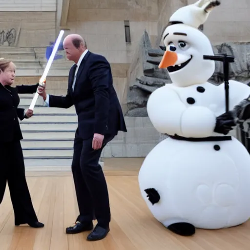 Image similar to Angela Merkel fights Olaf Scholz, they are armed with lightsabers