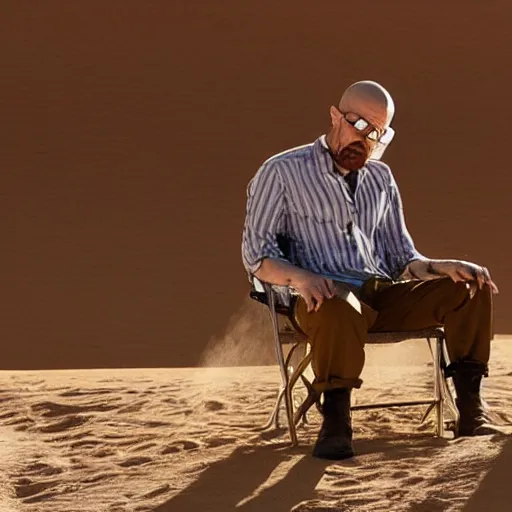 Prompt: Walter White eating ice cream in the middle of the desert