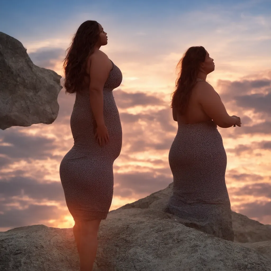 Image similar to a curvy woman gazing at the sunset