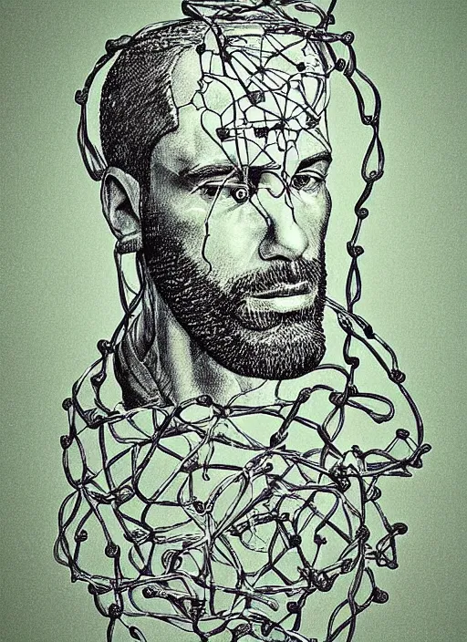 Prompt: rugged man portrait, tangled dna!!!!!!!!!!!!!!!!!!! molecule, wires