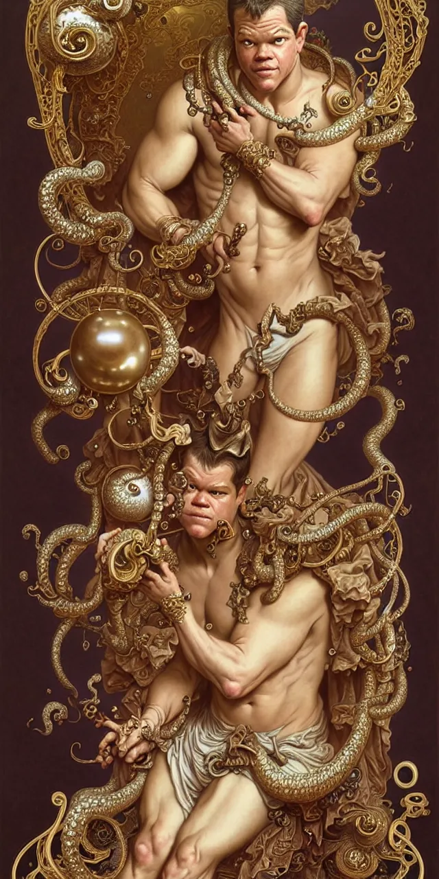 Image similar to handsome matt damon baroque rococo fantasy character portrait, ultra realistic, intricate details, the fifth element artifacts, highly detailed by peter mohrbacher, hajime sorayama, wayne barlowe, boris vallejo, aaron horkey, gaston bussiere, craig mullins alphonse mucha, rococo curves swirls and spirals, flowers pearls beads crystals jewelry goldchains scattered