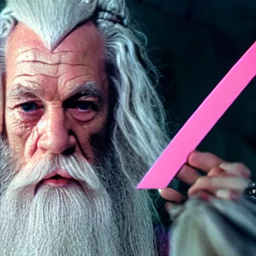 Image similar to portrait of gandalf the pink, pink bowtie in his hair, holding a blank playing card up to the camera, movie still from the lord of the rings