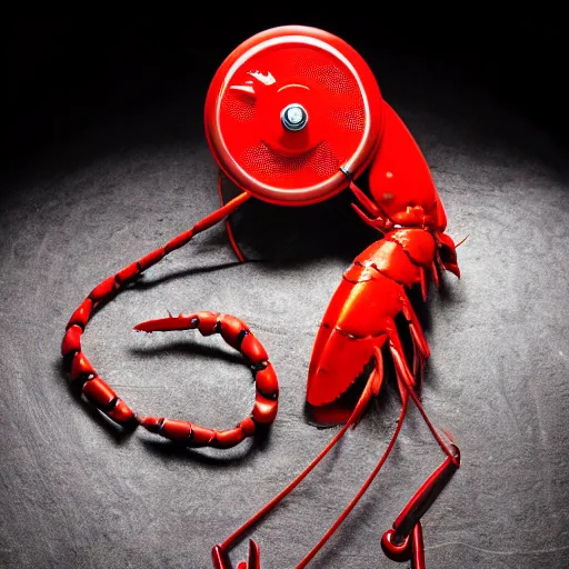 Prompt: commercial product photography advertisement for Salvador Dali’s Lobster phone, a red Rotary telephone with a lobster handset, The handle of the rotary phone is a plastic lobster, dark background, low key lighting, backlit, commercial studio lighting