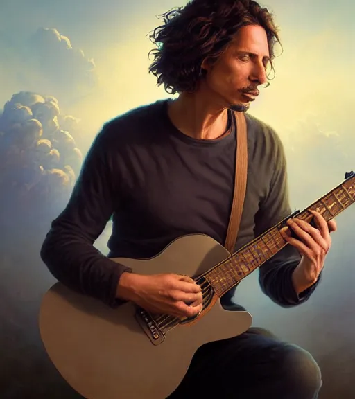 Prompt: highly detailed portrait of chris cornell playing a guitar, sitting in the clouds of heaven, stephen bliss, unreal engine, fantasy art by greg rutkowski, loish, rhads, ferdinand knab, makoto shinkai and lois van baarle, ilya kuvshinov, rossdraws, tom bagshaw, global illumination, radiant light, detailed and intricate environment