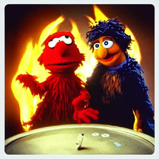 Prompt: “film still of Bert from Sesame Street throwing the one ring into the fires of mount doom as Ernie from Sesame Street tries to take it back”