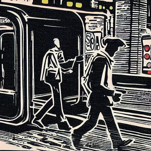 Prompt: a risograph print of a man walking into a New York City subway station