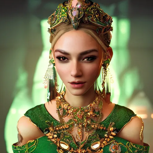 Image similar to photograph of wonderful princess with smooth fair skin, green jewelry, breathtaking, elegant, ornate, intricate, hyper detailed, accent lighting, dramatic light, 4 k octane render