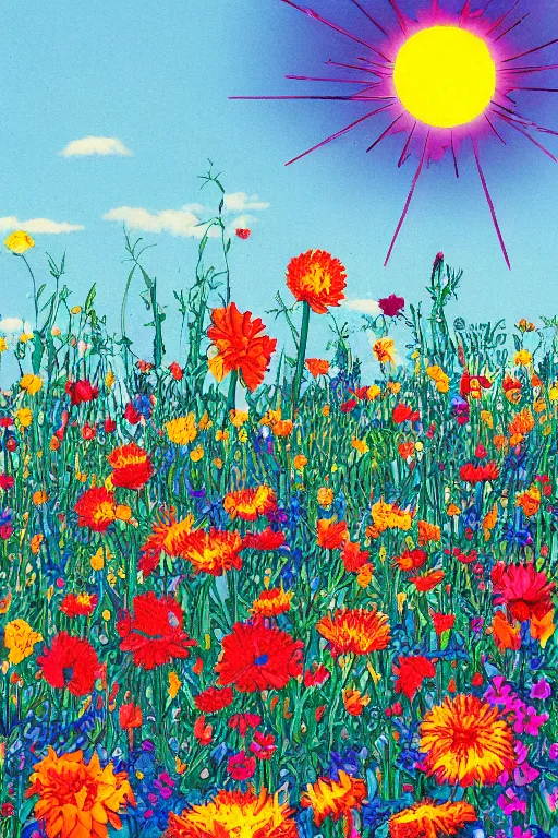 Prompt: an explosion of flowers against a bright blue sky, 80s sci-fi book art
