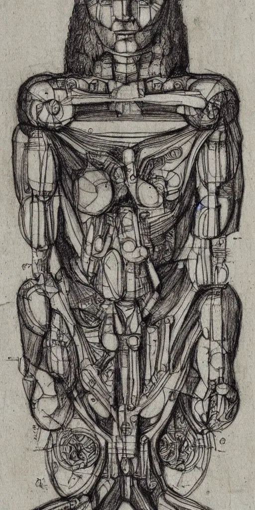 Image similar to humanoid machine sketch by Leonardo da Vinci, sketchbook, highly detailed, symmetrical