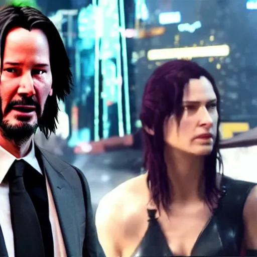 Image similar to Keanu Reeves facepalming over how bad Cyberpunk 2077 was