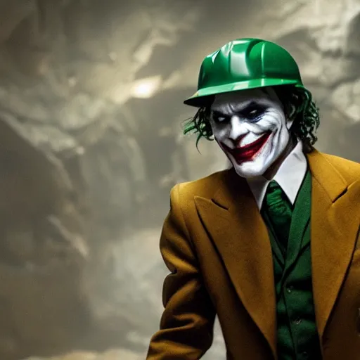 Image similar to cinematic shot of the joker wearing a miner helmet and holding a pickaxe in a cave full of shiny bright minerals, 8 k, very detailed, very intricate,