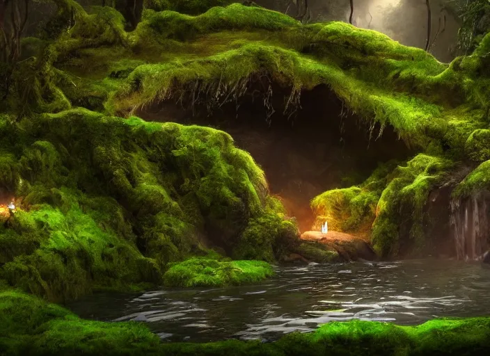 Prompt: A cave entrance covered with moss and tress, the inside of the cave has a natural pool and a waterfall, dimly lit by candles, epic composition, trending on artstation