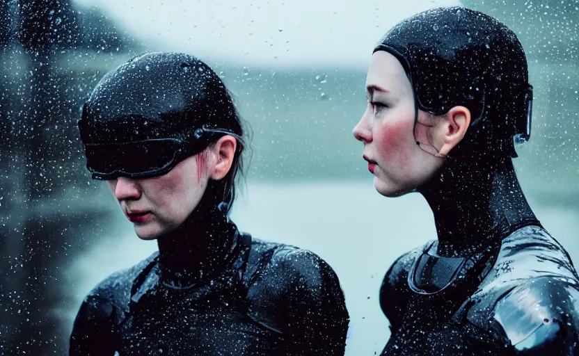 Image similar to cinestill 5 0 d candid action photographic portrait by stanley kubrick of two loving female androids wearing rugged black mesh techwear in treacherous waters, extreme closeup, modern cyberpunk retrofuturism moody emotional cinematic, pouring iridescent rain, 8 k, hd, high resolution, 3 5 mm, f / 3 2, motion blur, ultra realistic faces, ex machina