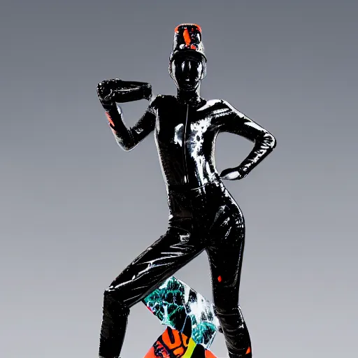 Prompt: a glossy black marble statue of a woman covered in colorful motocross branding, in the style of virgil abloh, offwhite, acronym, denoise, vogue, brooklyn museum, highly detailed, realistic, hyperreal, 8 k, 4 k, render, ue 5, 0 3 2 c