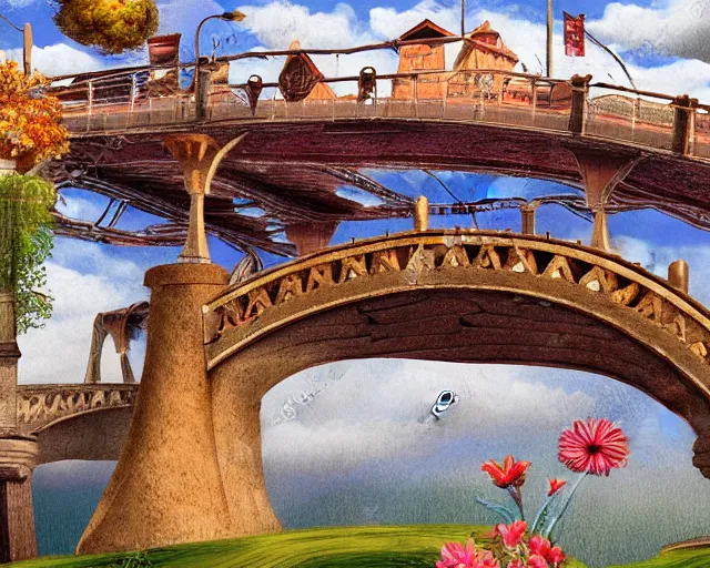 Image similar to detailed bridge with unexpected fabric elements. 8 x 1 6 k hd mixed media 3 d collage in the style of a childbook illustration in soft natural tones. matte background no frame hd