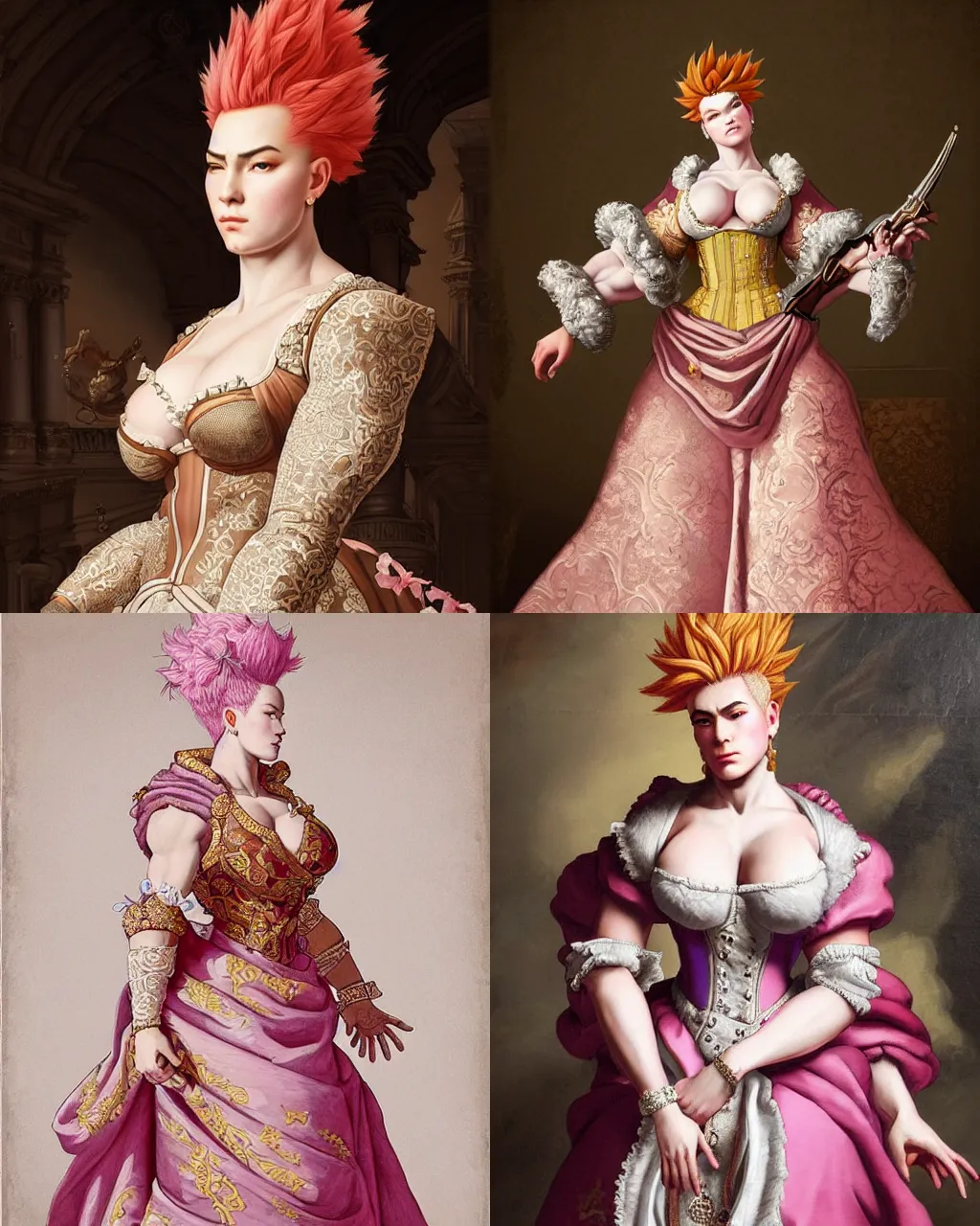 Prompt: Detailed Baroque painting of Zarya from overwatch as an elegant noblewoman, brocade dress, hyperdetailed, intricate, soft lighting, big and strong |