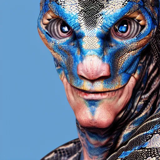 Image similar to snake man, up portrait with his face and body wrapped in white scales with glowing blue eyes. hyper photo realistic 8K HD HDRI, photo by Annie Leibovitz