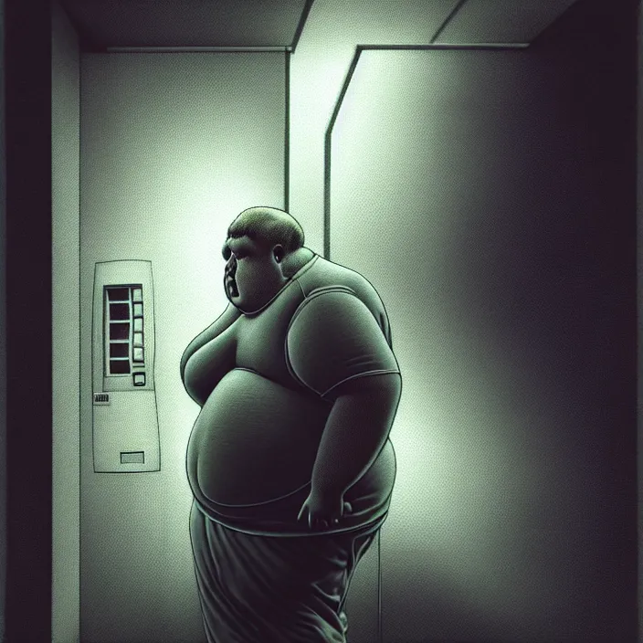 Image similar to hyperrealistic mixed media portrait of a mordidly obese man using an ATM machine, despair, depressing and hopeless vibe, stunning 3d render inspired art by P. Craig Russell and Barry Windsor-Smith + perfect facial symmetry + dim volumetric lighting, 8k octane beautifully detailed render, post-processing, extremely hyperdetailed, epic composition, grim yet sparkling atmosphere, cinematic lighting + masterpiece, trending on artstation