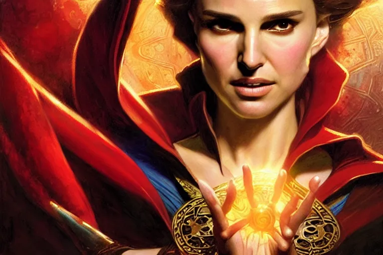 Image similar to natalie portman as doctor strange, character design, painting by gaston bussiere, craig mullins, j. c. leyendecker,